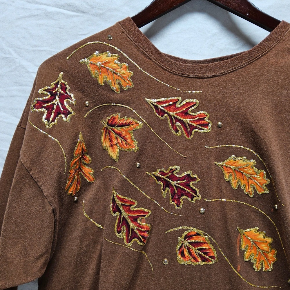 Vintage Decosport Fall Leaves Tee Womens Plus 2X Size Brown Glitter Rhinestone‎
